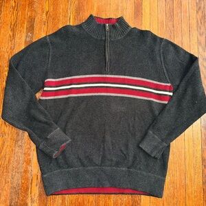 Eddie Bauer XL Sweater Mens Gray Red Cotton 1/4 Zip Knit Ribbed Pullover